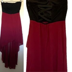 CASTING LA Strapless Black and Burgundy Asym Midi DRESS Size Small